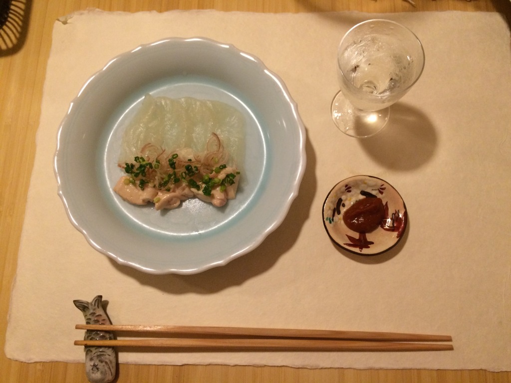 Mukozuke of white fish sashimi with its liver & umeboshi sauce